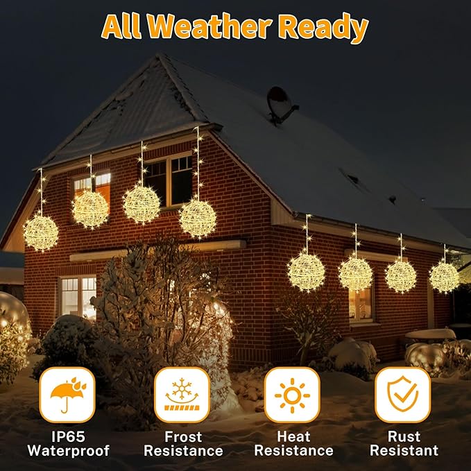 Outdoor Christmas Balls Lights 4 Pack Hanging 7.9 LED Garden Sphere Tree Lights 8 Modes Waterproof Glow Globe Lights with Memory Timer Plug for Party Yard Porch Eave Patio Xmas Decorations-Warm White
