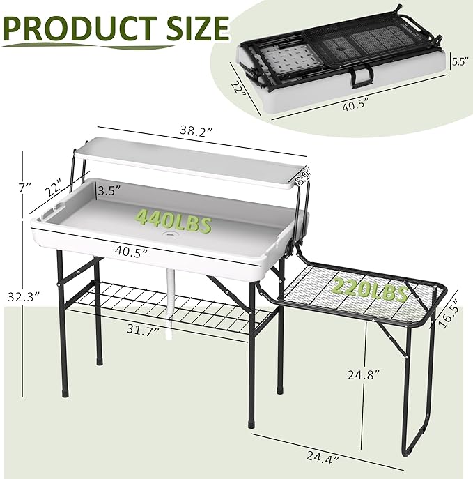 Dragosum Outdoor Ice Cooler Table with Metal Side Desktop Folding Ice Table with Mesh Desktop Portable Bar Drink Cooler Desk‌ with Skirt for Camping Picnic BBQ Party (Black)