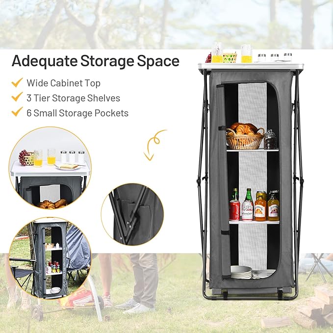 Giantex Folding Camping Storage Cabinet with 3 Shelves and Carry Bag Portable Outdoor Organizer Kitchen Table Quick Set-up for BBQ Picnic Backyard Compact Pop-Up Cupboard 55''H