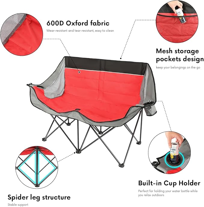 Double Camping Chair Outdoor 2-Seater Oversized 2 Person Portable Folding Lawn Chair with Cup Holders &amp Mesh Storage Pocket for Picnic Camping Beach Sports Hiking