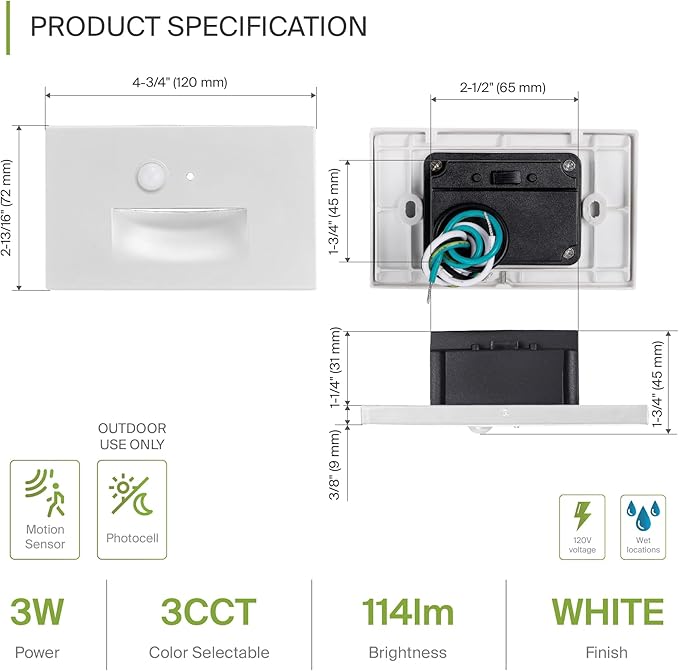 ASD LED Recessed Step Light Fixture Dusk To Dawn Outdoor Tread Lighting | 3CCT Motion Sensor Photocell Waterproof ETL Listed | 3W 120LM 3000K-5000K 120V | Staircase Hardwired Illumination | White