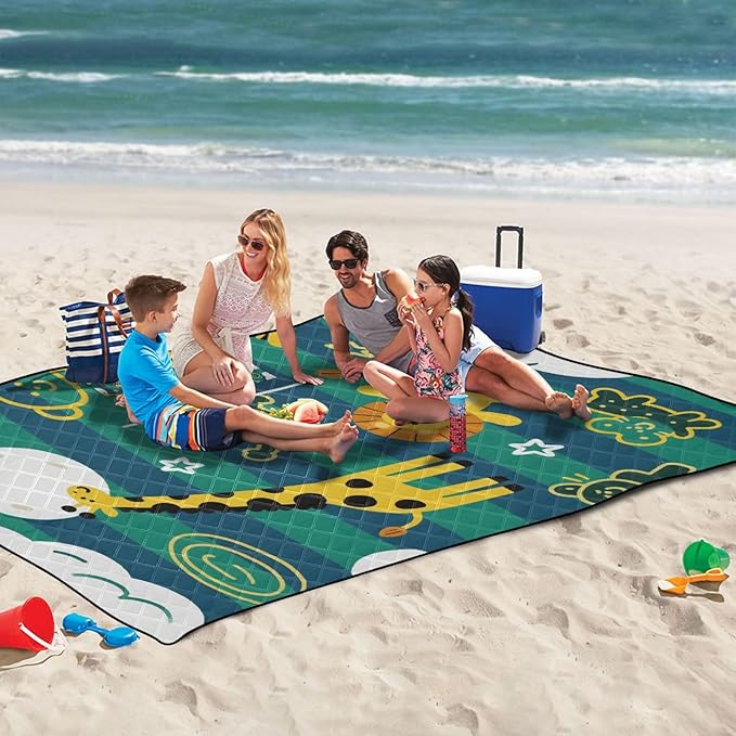 KLL Funny Giraffe Monkey Stripe Green Blue Waterproof Picnic Accessories Sand Free Grass Camp Rug for Outdoorsy People Couples Gift estera de playa