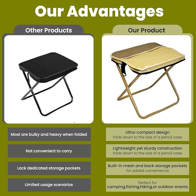 Foldable Pocket Backpack Stool Ultralight Portable Camping Hiking Chair Waterproof Oxford Fabric Compact Collapsible Travel Seat for Backpacking Fishing Outdoors (KhakiLarge)