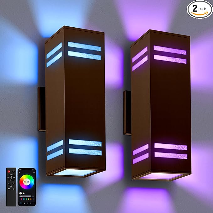 Smart Outdoor Wall Lights 2 Pack IP65 RGB Wall Lights Up Down Outdoor Lights Color Changing RGBCW APP Control Exterior Lighting Fixture Compatible with Alexa Google Assistant