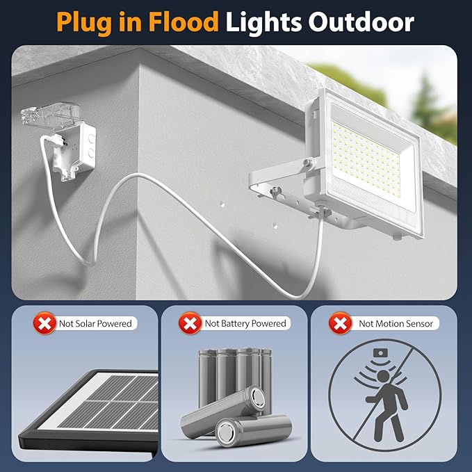 Onforu 120W Flood Lights Outdoor12000lm White LED Work Light with Plug 6500K Daylight White LED Flood Lighting IP66 Waterproof Security Yard Lights for Yard Garage Stadium 2 Pack