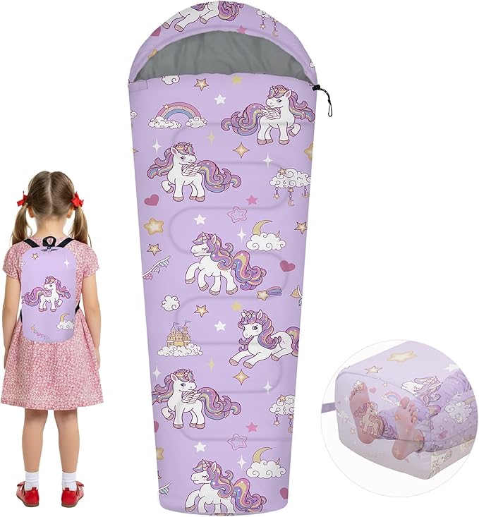 Kids Sleeping Bag for Girls 3 Season Child Sleeping Bag with Backpacking Bag Warm &amp Cool Weather Portable &amp Comfortable Machine Washable
