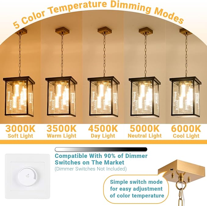 LOUSACE Modern LED Outdoor Pendant Light Black &amp Brass 4 Lights Large Exterior Hanging Light Fixtures 5CCT Dimmable LED Outdoor Chandelier Pendant Lantern with Clear Glass for Front Porch Entranc