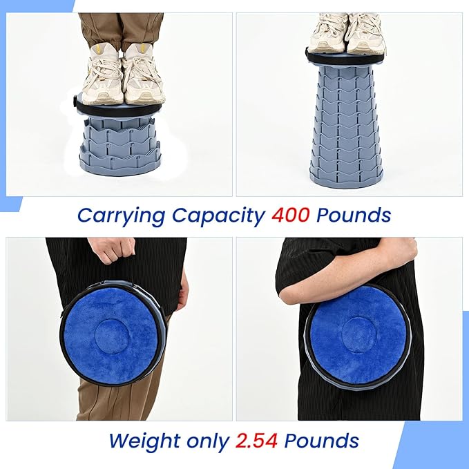 2 Pack Upgraded Collapsible Stool Folding Stool with CushionRetractable Folding Stool Max Load Capacity 400lbs Portable Telescoping Stools for Camping Hiking Outdoor BBQ -Grey