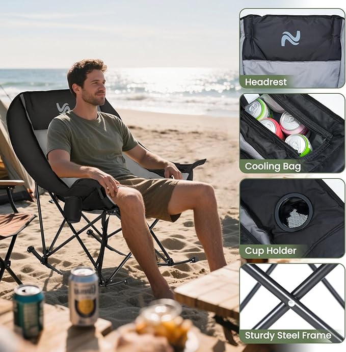 ABORON Oversized Rocking Camping Chair for Adults Fully Padded Folding Outdoor Lawn Chair with Cooler Bag &amp Side Pocket Portable Recliner Chair for Camp Patio Backyard Supports 400 lbs