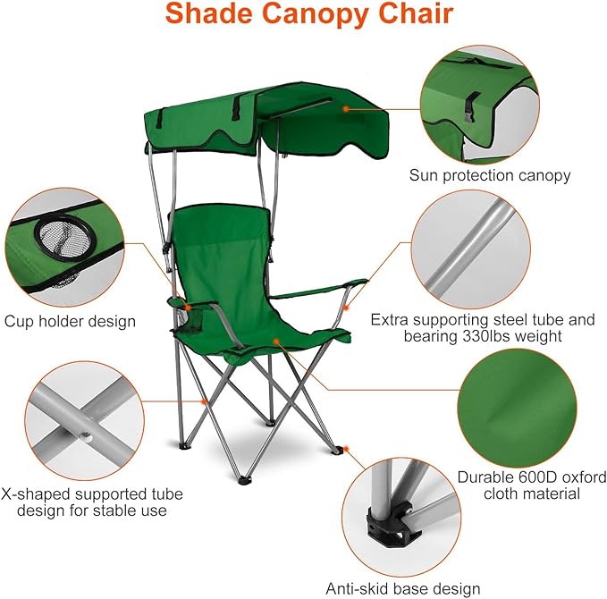 Foldable Beach Canopy Chair Camping Chair Fishing Camp Outdoor Lawn Chair Sun Protection 330LBS Load Folding Camping Canopy Shade Seat with Cup Holder For Beach Poolside Travel Picnic (Green)
