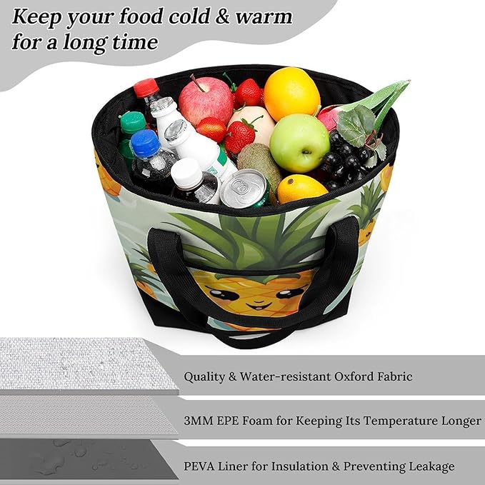 Insulated Shopping BagLarge Reusable Cooler Bags Cute Pineapple Printed Foldable Shopping BagTravel Waterproof Shoulder Bag