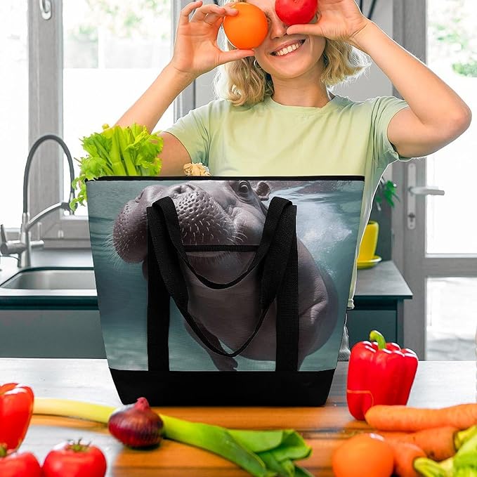 Insulated Shopping BagLarge Reusable Cooler Bags Diving Hippo Printed Foldable Shopping BagTravel Waterproof Shoulder Bag