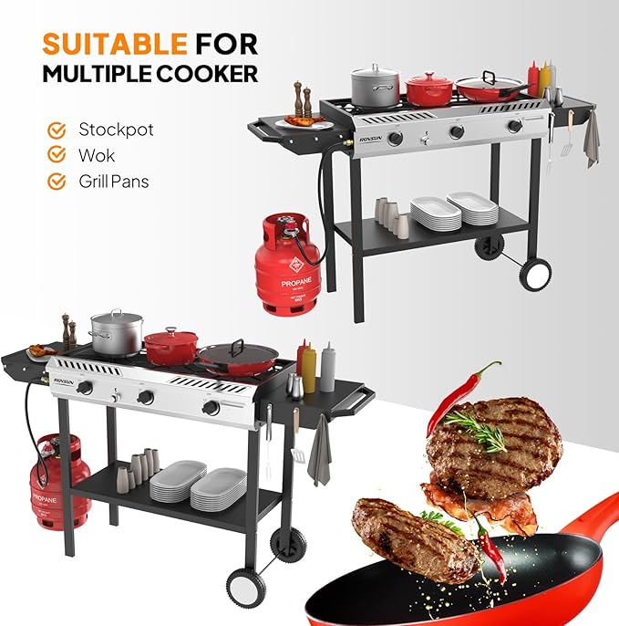 ROVSUN 3 Burner Outdoor Propane Gas Stove with Ignition Regulator &amp Side Shelves 225000 BTU Rolling Gas Stove Outdoor Cooker for Backyard Patio Cooking Home Camping Brewing Canning Turkey Fryin