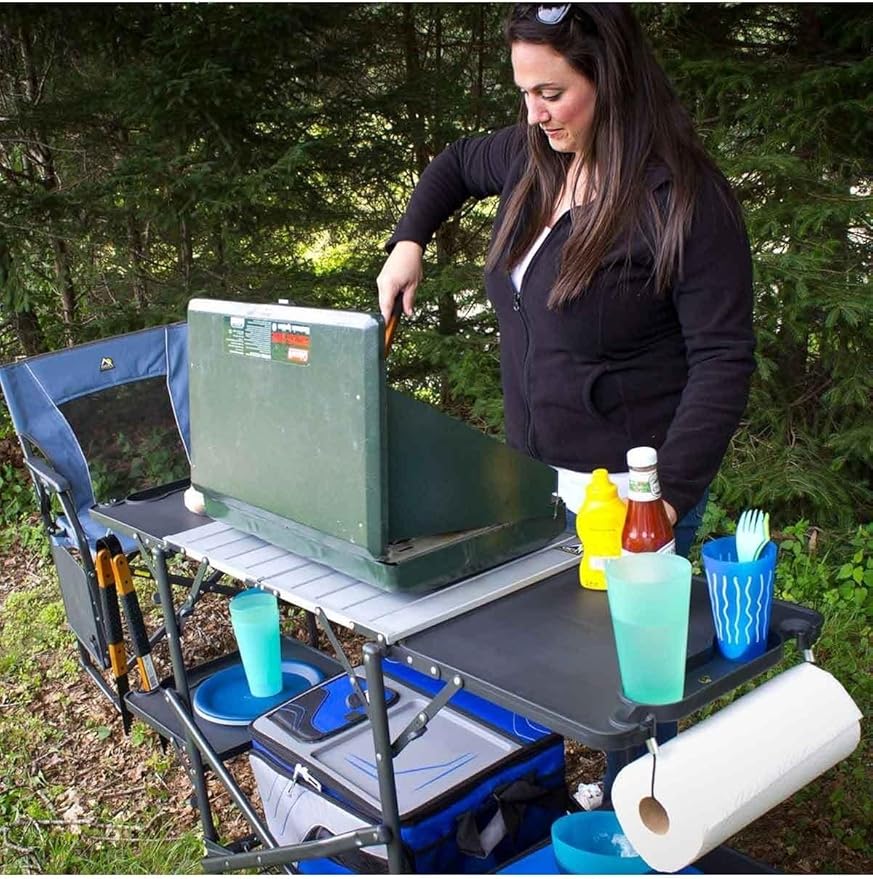 GCI OUTDOOR Slim-Fold Cook Station | Portable Folding Kitchen Table with a Heat Resistant Tabletop 4 Side Tables &amp Storage Rack Perfect for Picnics &amp Camping Trips