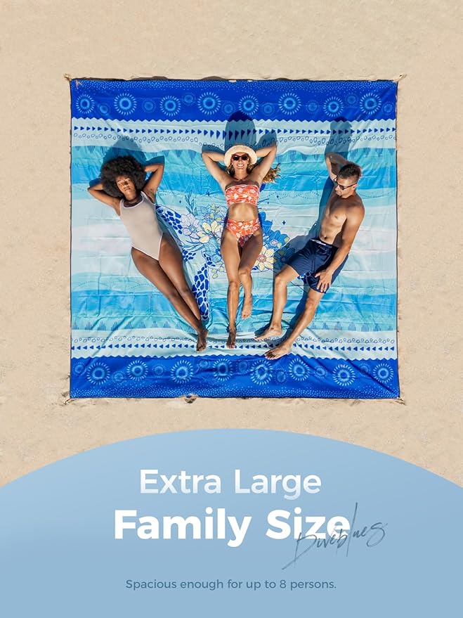 Diveblues Beach Blanket Oversized Extra Large 110 * 118/ 9 * 10 FtBeach Mat Waterproof SandproofSoft and Durable Picnic Mat for Travel Camping Beach Vacation4 Stakes &amp 1 Travel Bag