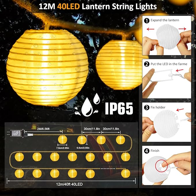 Lantern String Lights Plug in- 40ft 40LED 2700K Warm White Mini Lantern Lights Waterproof Hanging Hemp Rope String Lights Indoor Outdoor with Remote Timer for Porch Fence Balcony