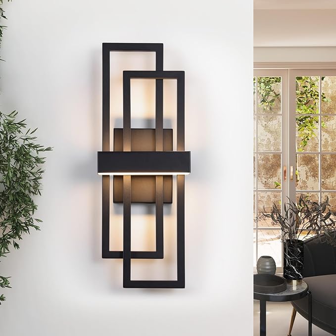 LamQee 25.6 Inch Modern Outdoor Wall Lights Integrated LED 1200LM Large Exterior Lighting Fixture Dual Rectangle Outdoor Sconce Black Metal Wall Mount Porch Light Outside Lamp for House Garage Patio