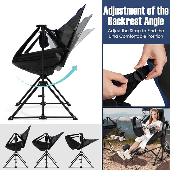 Giantex Outdoor Hammock Camping Chair - Rocking Chair with Removable Footrest Adjustable Backrest Pillow Cup Holder Storage Bag Portable Fishing Chair for Poolside Patio Folding Chair (2 Black)