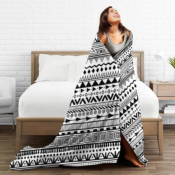 80X60 Tribal Print Black and White Aztec Pattern Boho Lightweight Flannel Blanket - Soft and Breathable Polyester Suitable for Travel Camping and Home Decoration
