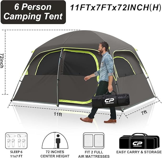 CAMPROS CP Upgraded 6/8 Person Camping Tents Waterproof Windproof Family Tent with Larger Mesh Windows &amp Door Double Layer Easy Set Up All-Season Dome Tent with Top Rainfly &amp Carry Bag