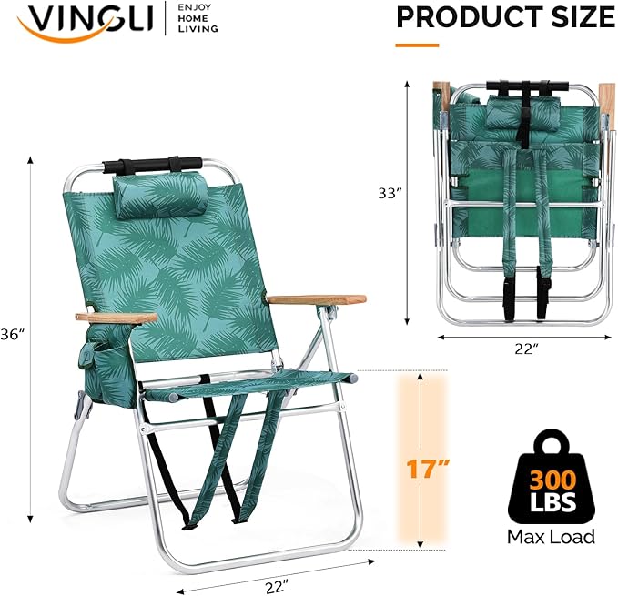 VINGLI Aluminum 17 Backpack Beach Chair – Tall Beach Chairs for Adults Portable with Adjustable Straps 3-Position Reclining Cup Holder High Lightweight Beach Chairs for Beach