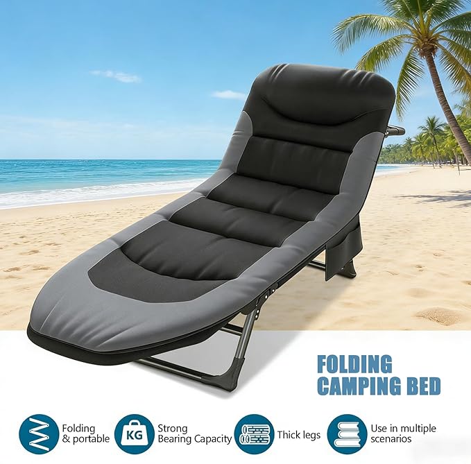 Folding Camping Cot for Adults with Adjustable Backrest &amp Pillow Portable Lounge Chair Bed 6-Position Recliner Waterproof Outdoor Cot Supports 450lbs Includes Side Pocket (Gray)