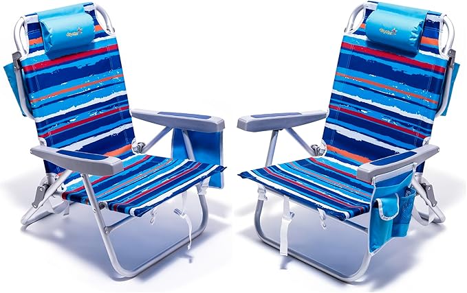 SUNNYFEEL Beach Chairs for Adults 2 Pack 5 Position Lay Flat Portable Folding Backpack Beach Chair Heavy Duty with Cooler Bag Cup Holder for Outdoor/Lawn/Picnic Foldable Camping Chair