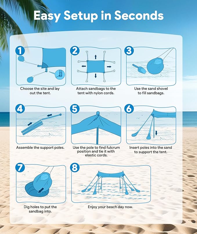 Beach Tent Sun Shelter 10 x 10 FT Beach Canopy Tent Sun Shade UPF50+ Tents Canopy with 8 Sandbags &amp 4 Stability Poles Outdoor Tents for Camping Fishing Sky Blue