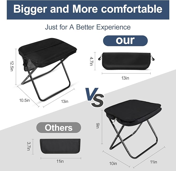 Portable Folding Chair and Camp Stool - Portable Stool with Carry Bag 13 Inch Foldable Backpack Chair Mini Easy Carry Outdoor Chair Supports 260lbs for Camping Hiking Fishing (Black)