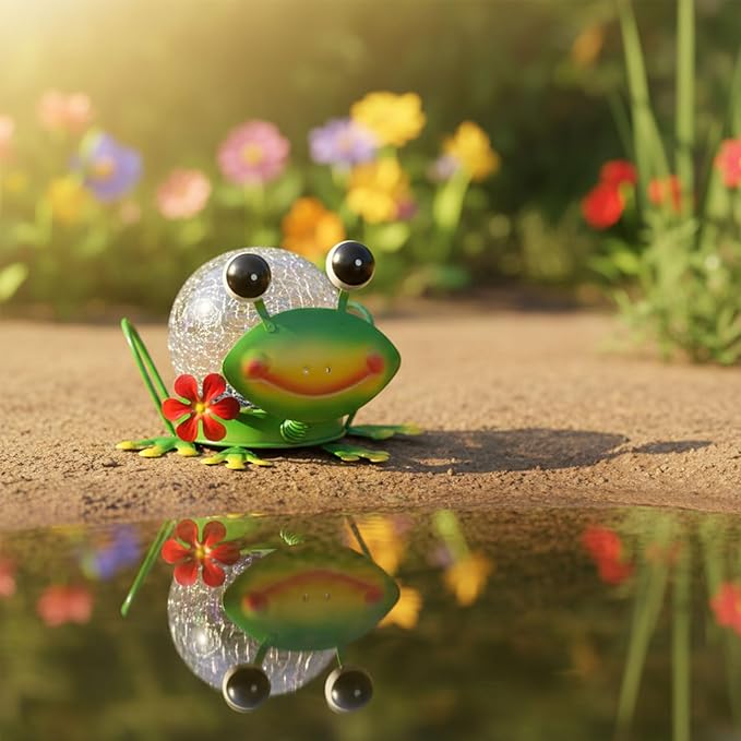 Solar Lights Outdoor Frog Garden Decor with Crackle Glass Globe Lights - Cute Metal Frog Decor for Yard Lawn Patio Porch Pathway Tabletop Housewarming Gifts for Mom Women