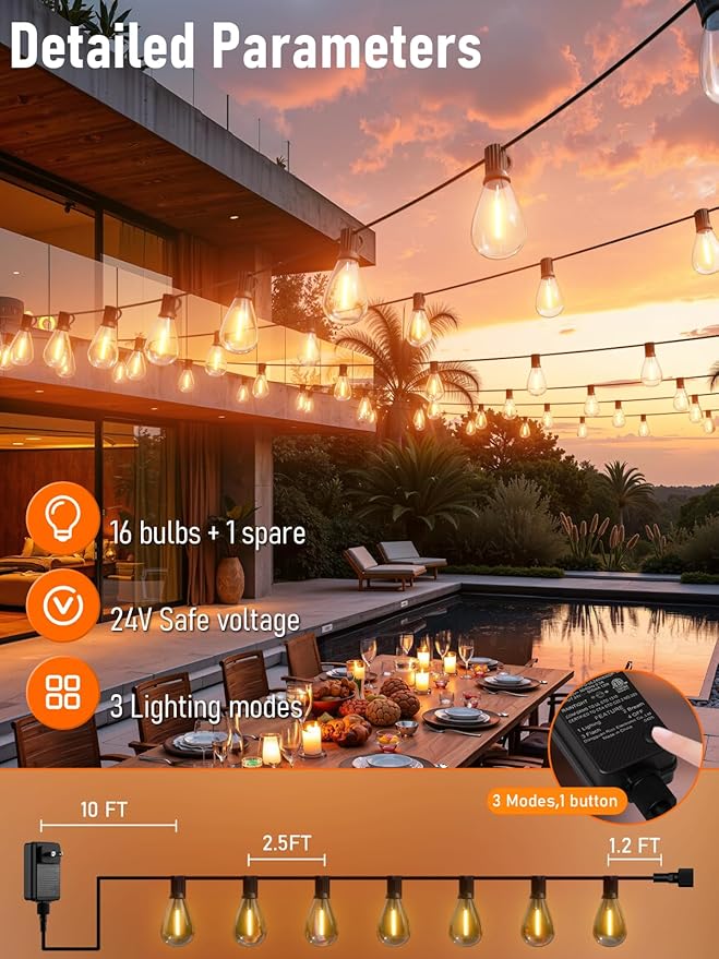 luckystyle 50FT LED Outdoor String Lights with Remote16+1 Shatterproof Bulbs Waterproof and Dimmable Patio Lights for Porch Garden Backyard Deck Balcony 2200K Hanging Lighting