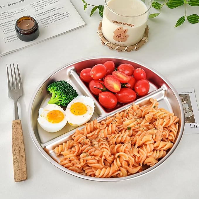 6 Pack Stainless Steel Divided Plate 9 Non Slip Portion Control Plates for Adults Kids Balance Lunch Unbreakable Toddler Set Indoor Outdoor for Party Home Silver