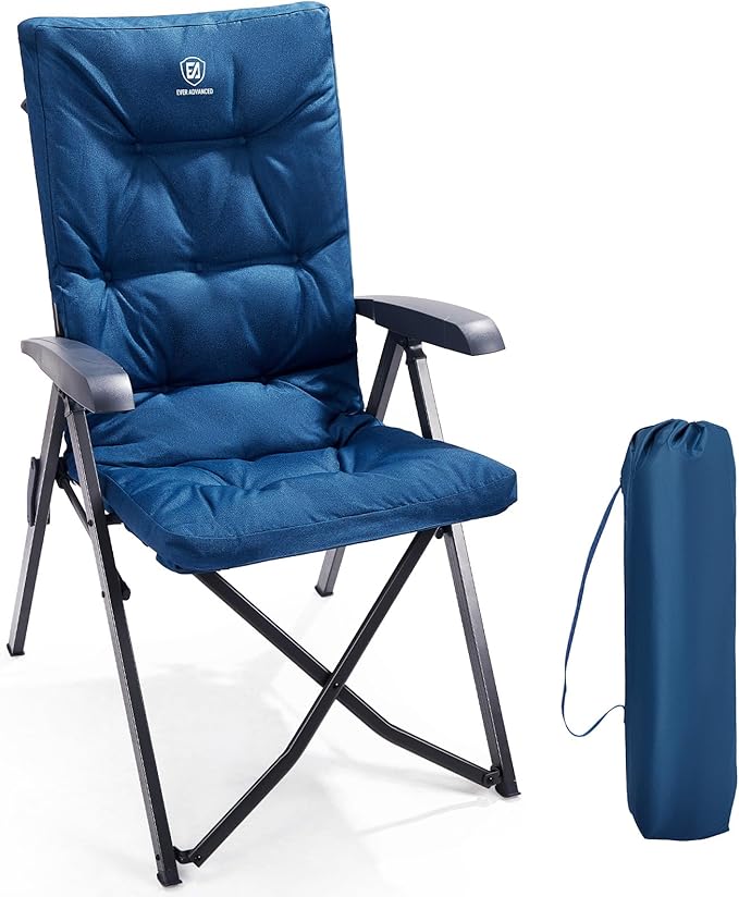 EVER ADVANCED Folding Padded Camping Chair 4 Positon Adjustable Recliner with High Back Support Portable for Adults 300lbs Weight Capacity Blue
