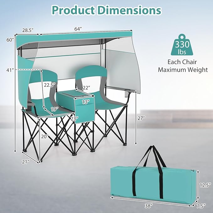 Goplus Double Beach Chair w/Adjustable Canopy Oversized Folding Camping Chair w/Roll-up Shade Cooler Bag Cup Holders Carrying Bag 2-Person Portable Loveseat for Sports Fishing (Turquoise)