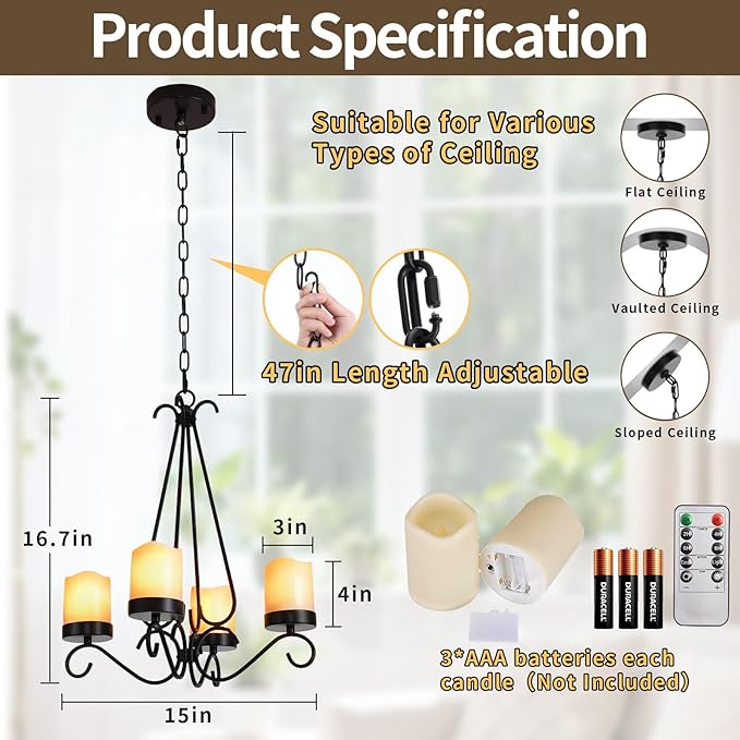 HOXIYA Battery Operated Outdoor Lights 4 Light Battery Powered Pendant Light Waterproof Wireless Hanging Chandelier Led Candle Light with Remote for Porch Patio Pergola Gazebo Canopy Tent Decor