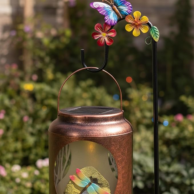 Dragonfly Patterns Metal Solar Lantern with Resin Dragonfly InsideOutdoor Garden Decor with Shepherds Hook for Yard Patio Backyard PorchGifts for Mom Women Grandma