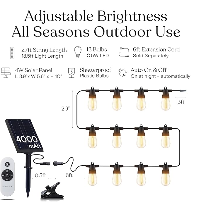 Brightech Ambience Pro Super Bright Solar - 27Ft Remote Control Outdoor String Lights with 12 Shatterproof S14 Bulbs Commercial Grade LED Waterproof Patio Lights 4W Soft White for Patios Gardens