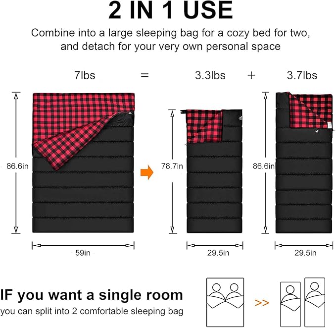 AGEMORE Cotton Flannel Double Sleeping Bag for Camping Backpacking Or Hiking. Queen Size 2 Person Waterproof Sleeping Bag for Adults Or Teens. Lightweight with Compression Sack