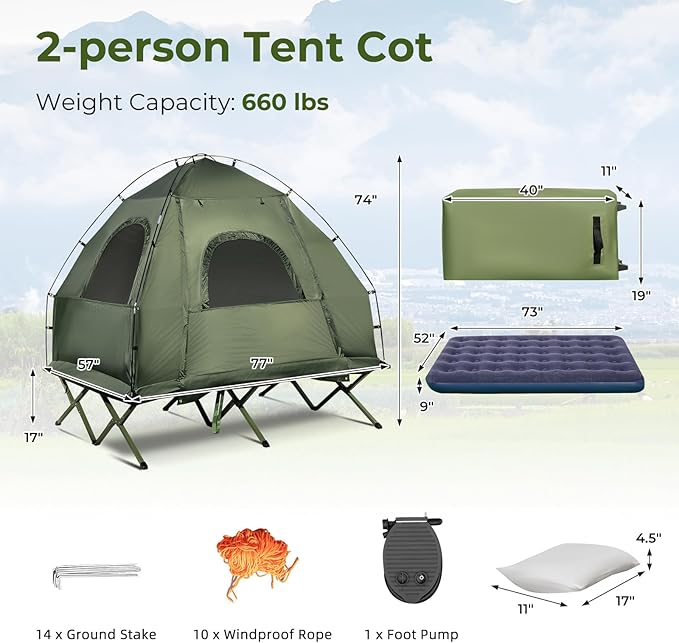 KOTEK 5-in-1 Tent Cot with Air Mattress Sleeping Bag Pillow Canopy Zippered Mesh Windows &amp Carry Bag Elevated Tent for Camping Hiking Traveling Picnic