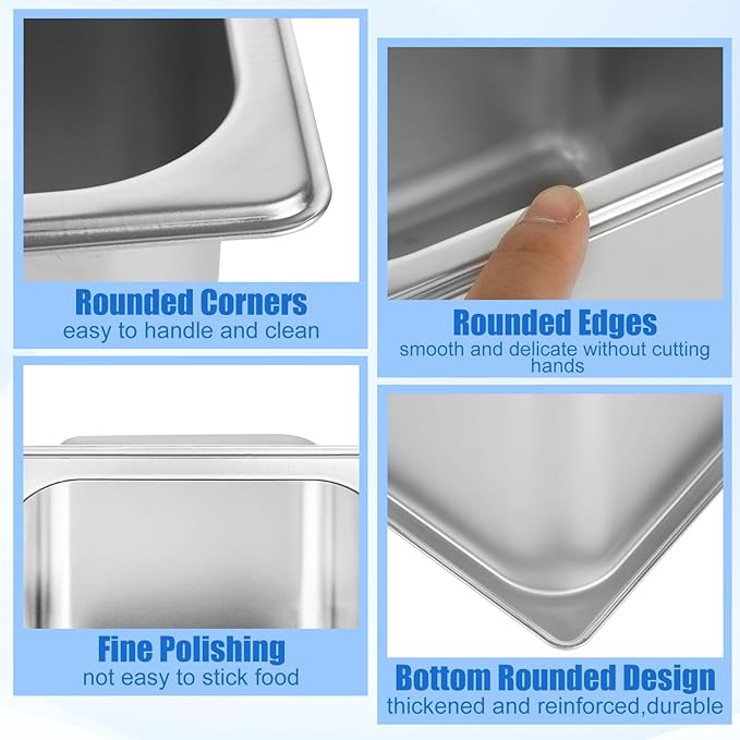 6 PCS Stainless Steel Hotel Pan 1/6 Size 6 Deep Stainless Steel Steam Pan Commercial Food Pans 1/6 Size Steam Table Pans StainlessSteel Rectangle Panss for Hotel Restaurant Buffet Home