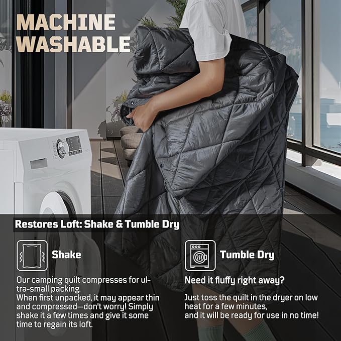 Camping Blanket - Packable Ultra Warm and Lightweight with Snap Button Backpacking Quilt Water-Resistant for Sleeping Outdoors Travel and Indoor Use - Large/Gray