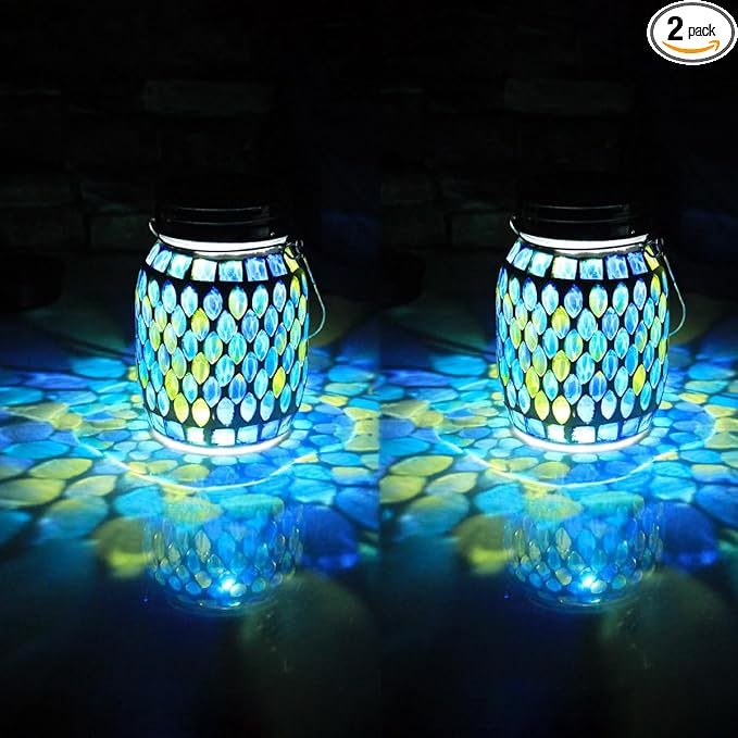 Solar Mosaic 2pack Outdoor Waterproof Cool Blue Mosaic jar Decor Christmas Gifts for Women Mom Grandma Halloween Hanging Solar Lights Decoration Outside for Yard PatioBackyardPorch (Contemporary)