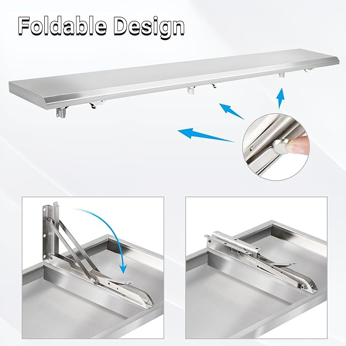 Folding Concession Shelf 68 x 12 Stainless Steel Drop Down Serving Food Shelf for Concession Windows