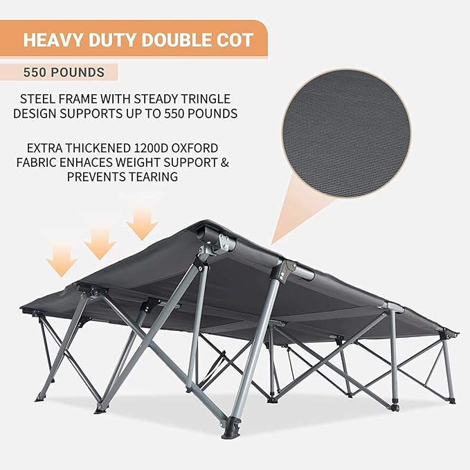KingCamp 2 Person Queen Size Camping Cot Folding Portable Double 550lbs Heavy Duty Oversized Large Wide XXL Foldable Sleeping Bed with Carry Bag for Two Adult Outdoor Travel Tent Grey