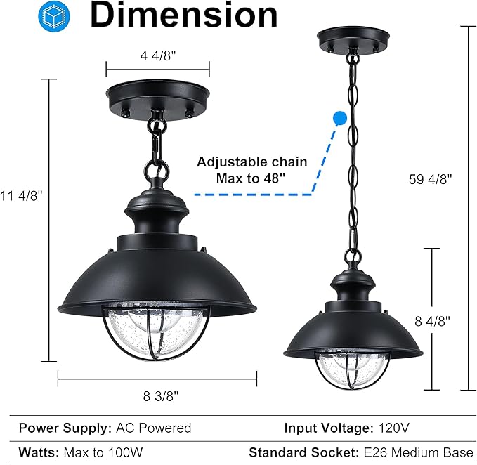 Outdoor Hanging Lights Farmhouse Exterior Pendant Light Lantern with Adjustable Chain Matte Black Outdoor Chandelier with Seeded Glass for Front Porch Gazebo Entryway Breezeway Pergolas