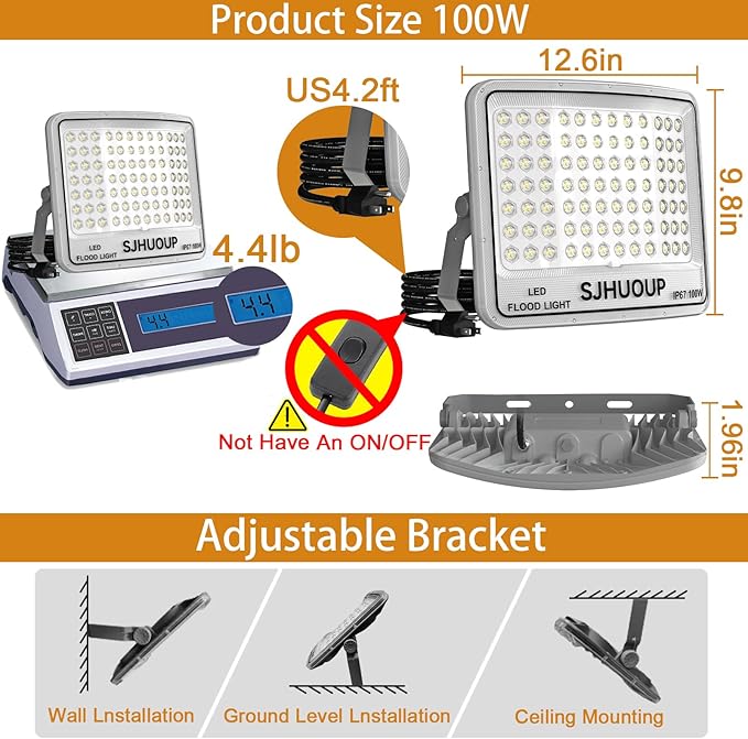 100W Flood Lights Outdoor 11000LM Super Bright Flood Light Outdoor LED Flood Lights with PlugIP67 Waterproof6500K Daylight White Outside Floodlights for Garage Yard LawnStadiumGarden