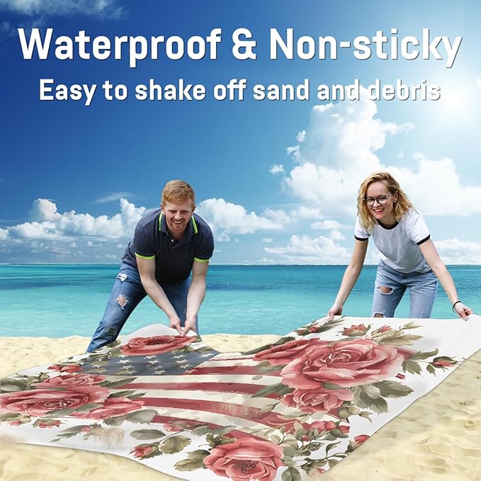 Waterproof Sandproof Beach Blanket 59''×68'' Country Polyester Outdoor Picnic Blanket with 4 Stakes &amp Storage Bag for BeachCampingVacation Rosebush
