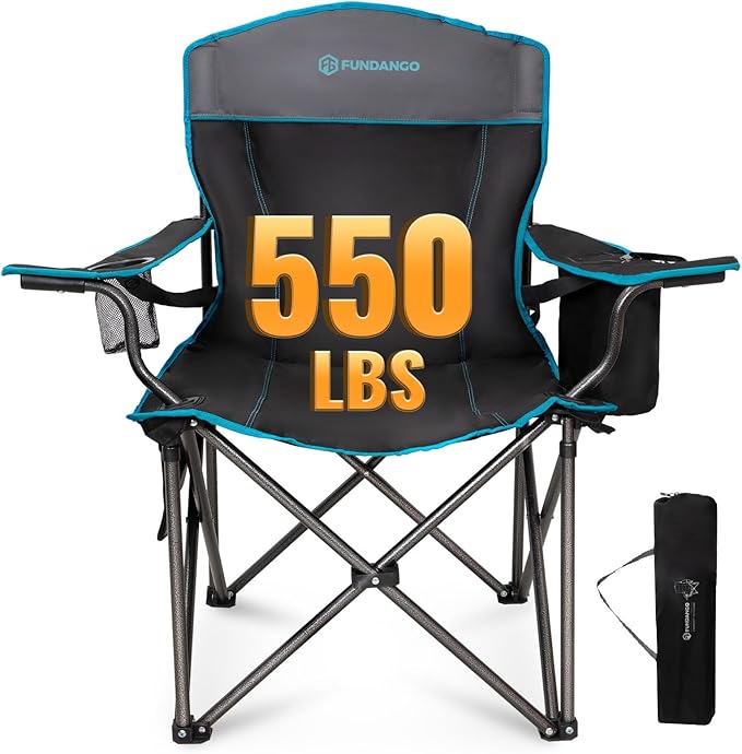 FUNDANGO Oversized Camping Chair for Adults550lbs Heavy Duty Foldable Portable Lawn Chair with Padded Seat &amp Back 4-can Cooler &amp Cup Holder Carry Bag Included for Outdoor (Black/Grey)