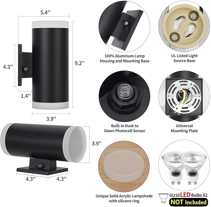 Dusk to Dawn Outdoor Lighting ZUUKOLE Waterproof Exterior Wall Lantern Anti-Rust Aluminum Wall Mount Lighting Cylinder Design – Up Down Lights Outdoor for Porch Patio or Garage 2 Pack