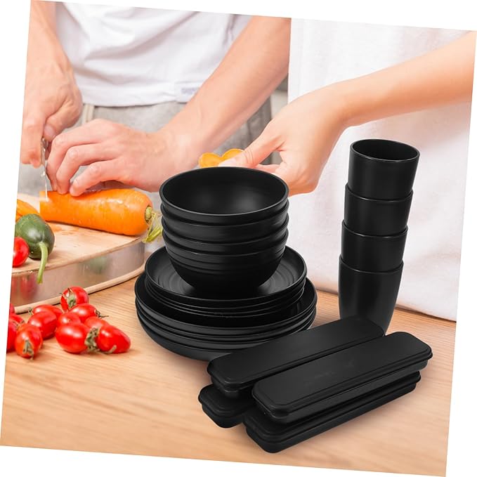 KICHOUSE 4sets Portable Camping Picnic Utensil Bowl Black Dinnerware Cutlery Case Rv Dishes Easy to Clean